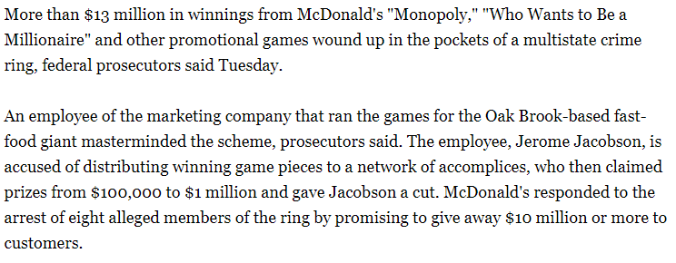 McDonalds Monopoly scam