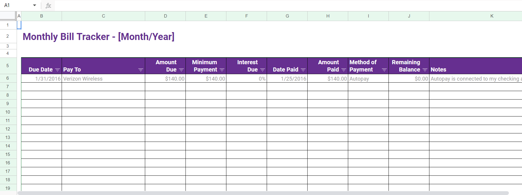 monthly bill tracker example