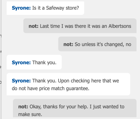 Safeway and Albertson's Price Match Guarantee Chat
