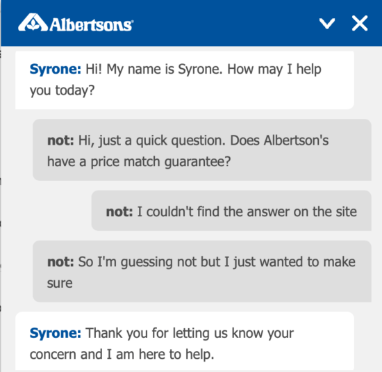 Albertson's Price Match Guarantee Chat
