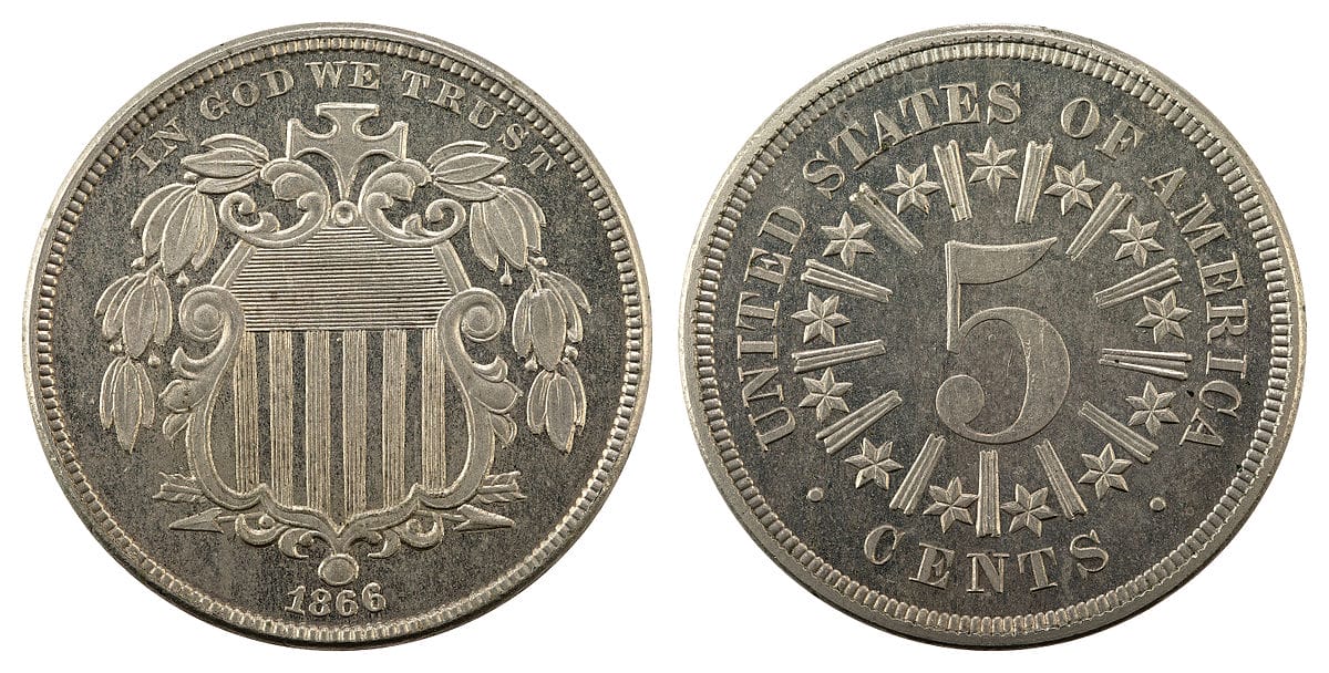 Front and back of a US 1866 5C Shield Nickel coin.