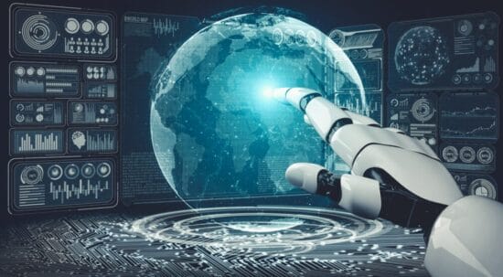 Robot hand reaching toward the world
