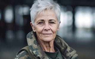 Elderly woman with white hair in a military uniform smiling at the camera.