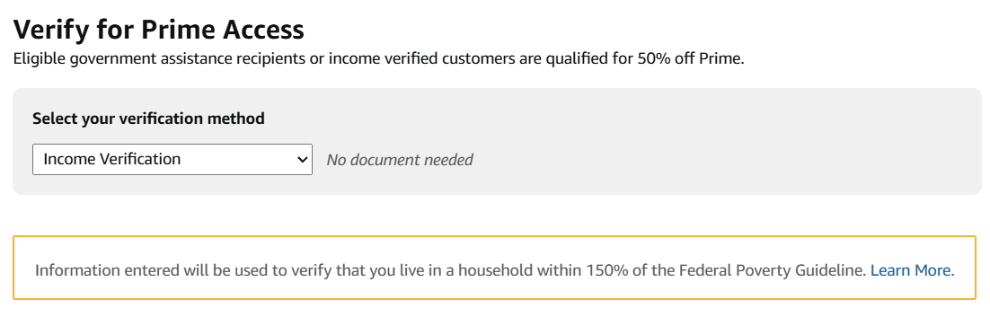 Photograph of the Amazon Prime income verification menu
