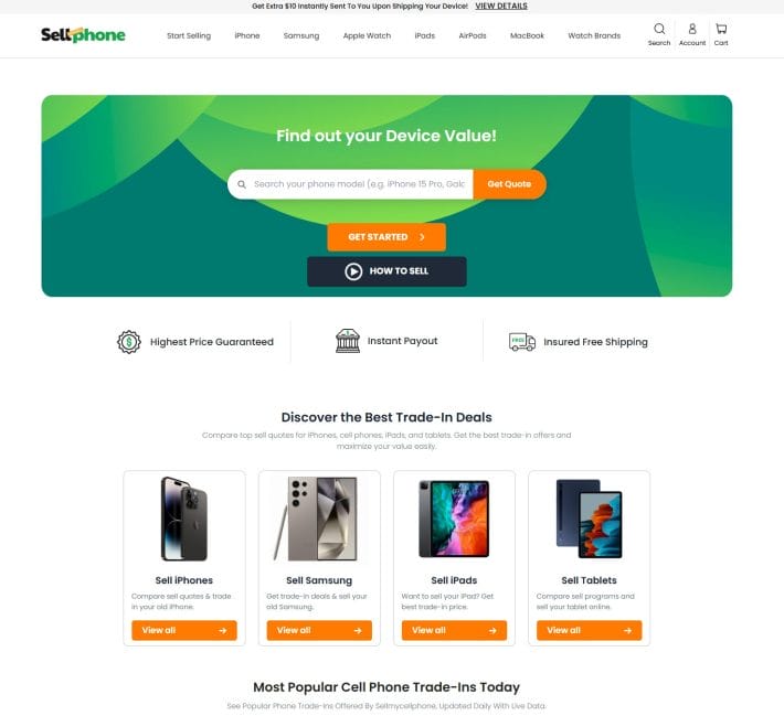 screenshot of sellmyphone.com; make extra money.